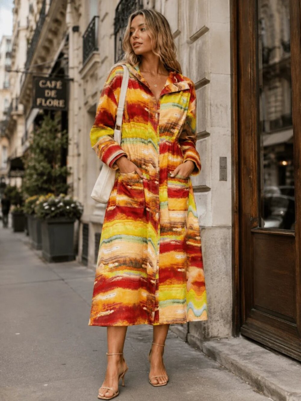Beulah Hooded Abstract Print Midi Dress Coat Duster Sunset Striped Long Sleeve